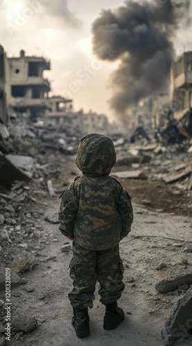 Child Soldier in War Zone: A Haunting Image of Loss and Innocence photo