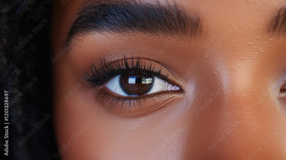 Obraz premium A close-up of a woman's eyes with a focus on natural beauty, highlighting her eyelashes and the subtle emotions conveyed through her gaze