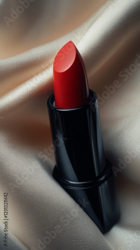 Bright red lipstick on a soft satin fabric showcasing elegance and beauty