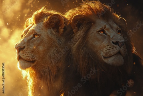Two majestic lions standing proudly in the wild, showcasing their impressive ...