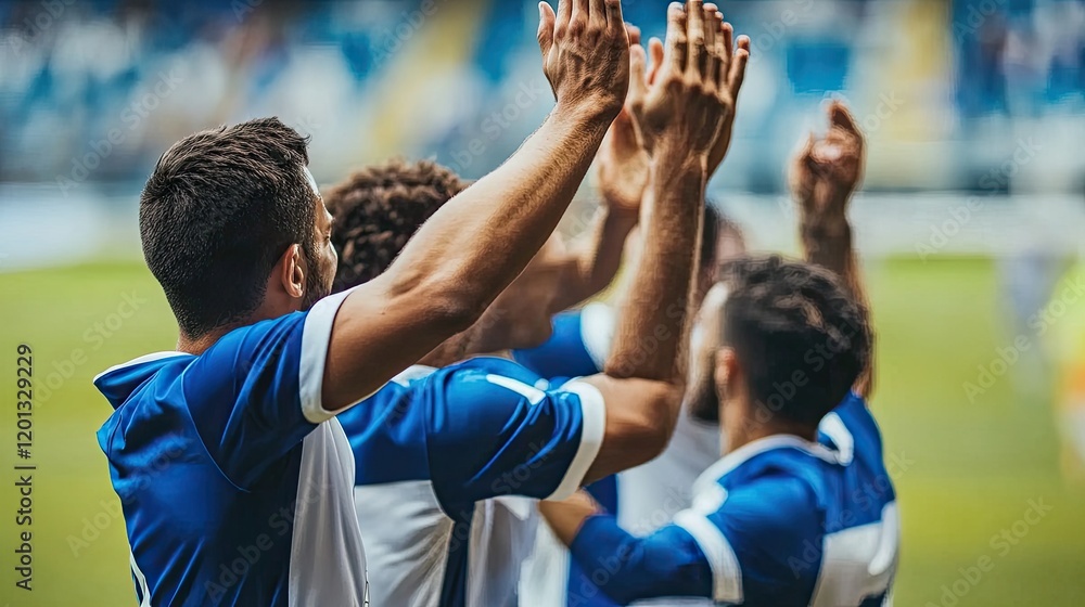 Fototapeta premium Soccer Players Celebrate Victory With Raised Hands