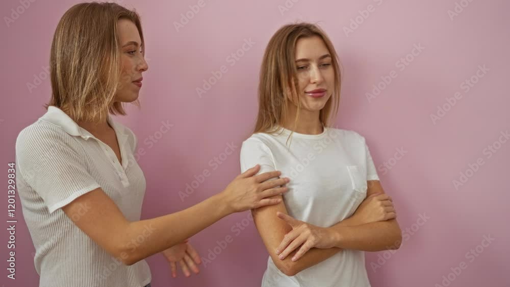 Women talking on pink background showing two young sisters in casual white clothes engaged in conversation. Women talking on pink background showing two young sisters in casual white clothes engaged in conversation.