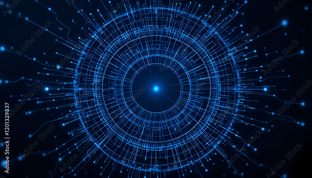 Futuristic Blue Digital Technology Circular Interface with Radiating Light and Abstract Network Patterns Futuristic Blue Digital Technology Circular Interface with Radiating Light and Abstract Network Patterns