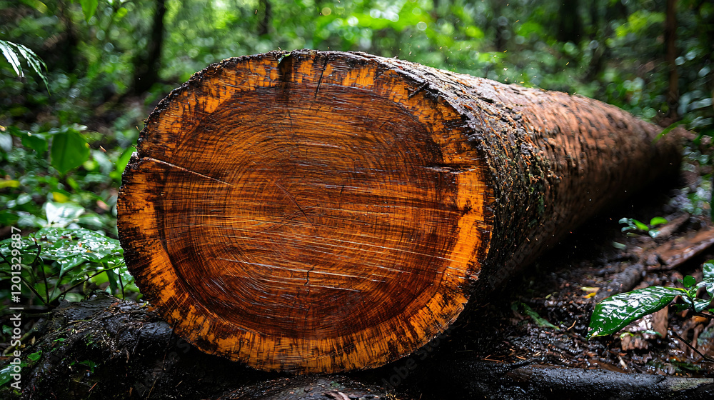 A close-up of a chainsaw cutting through a large tree trunk, surrounded by a forest environment showing clear signs of illegal logging A close-up of a chainsaw cutting through a large tree trunk, surrounded by a forest environment showing clear signs of illegal logging