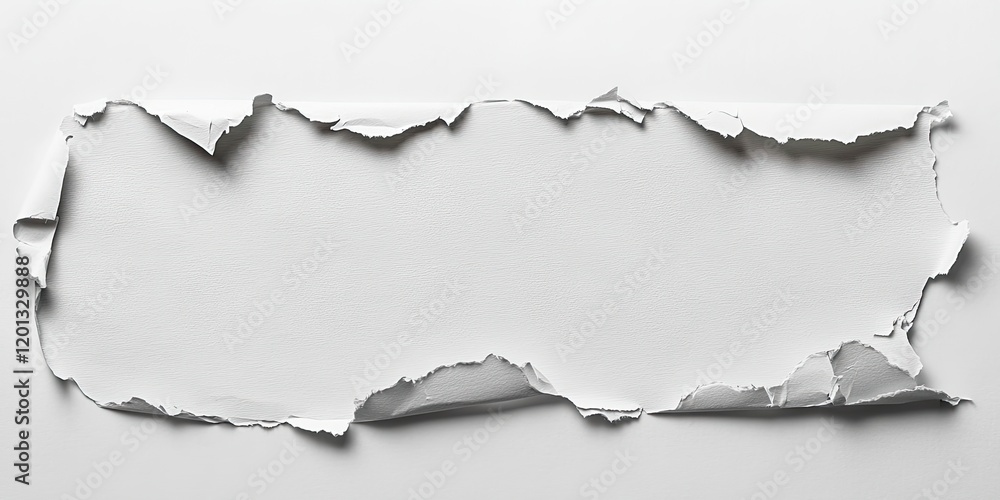 Torn white paper on a clean background with rough edges creating an empty central space for promotional text or message on a light gray surface. Torn white paper on a clean background with rough edges creating an empty central space for promotional text or message on a light gray surface.