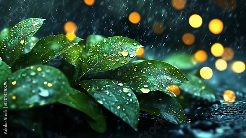 Glowing water droplets on dark leaves with soft bokeh light, perfect for eco-friendly, wellness, beauty, and skincare-themed design projects with room for branding.  photo