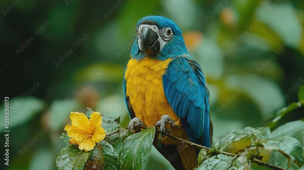 Blue and Gold Macaw Perched on Branch near Flower Blue and Gold Macaw Perched on Branch near Flower