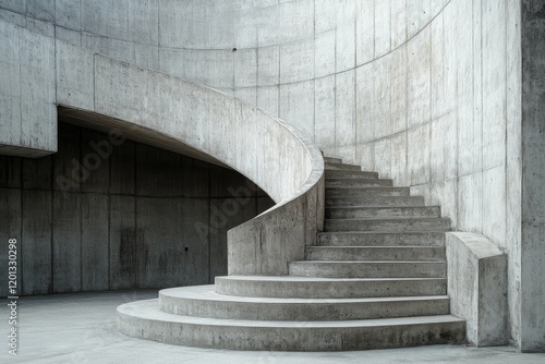 Unique spiral staircase design with circular window by a concrete wall surrou...