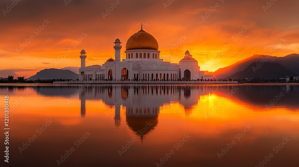 Fototapeta premium Majestic mosque reflected in calm water at sunset.