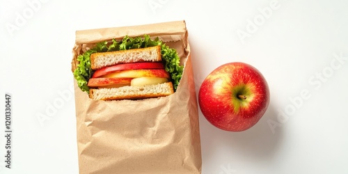 Lunch bag with a sandwich featuring lettuce and layered vegetables next to a shiny red apple on a white background, top view composition. photo