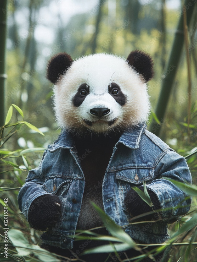 Fototapeta premium Panda wearing denim jacket stands among bamboo in lush forest during daylight hours. Generative AI