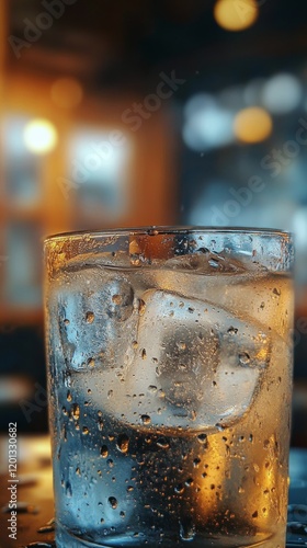 Refreshing glass of sparkling water with ice in a cozy setting during the eve...