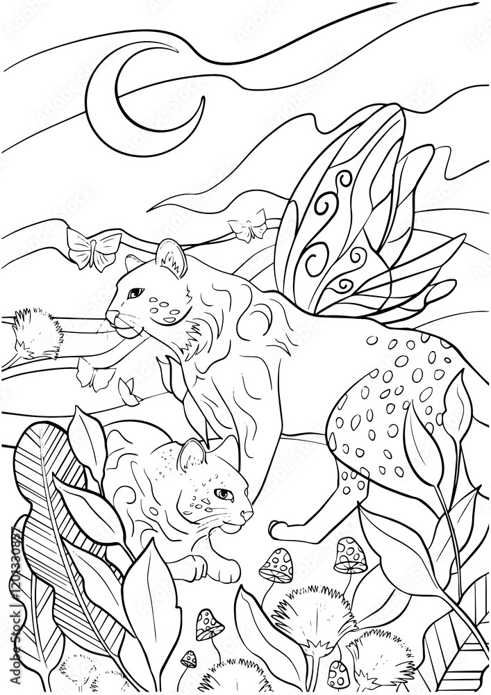 Illustration of two leopard-like creatures with fairy wings in a fantastical environment. Dream, Moon, plants, and mushrooms, creating a magical and serene ambiance. Illustration of two leopard-like creatures with fairy wings in a fantastical environment. Dream, Moon, plants, and mushrooms, creating a magical and serene ambiance.
