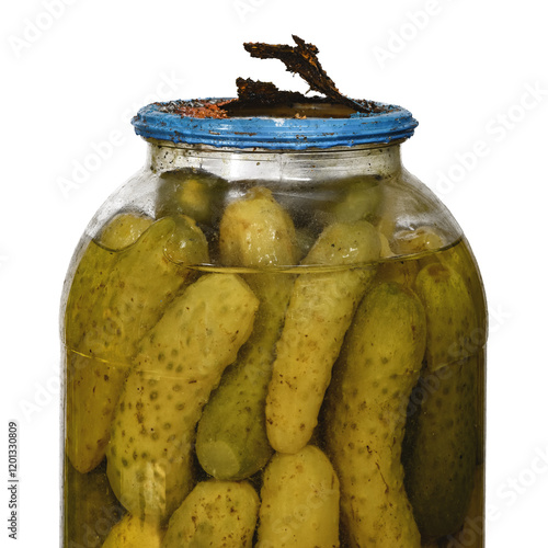 Old pickles in big glass jar with rusted broken tin lid cap in bad condition isolated white background photo