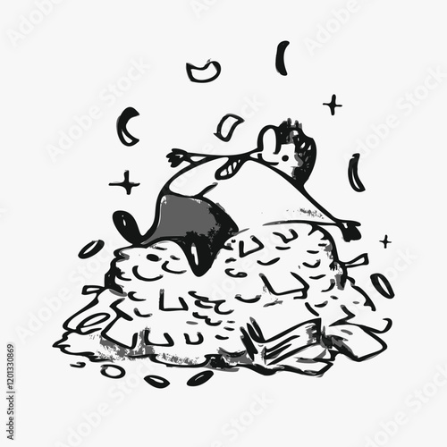 Business man on pile of money doodle, illustration vector