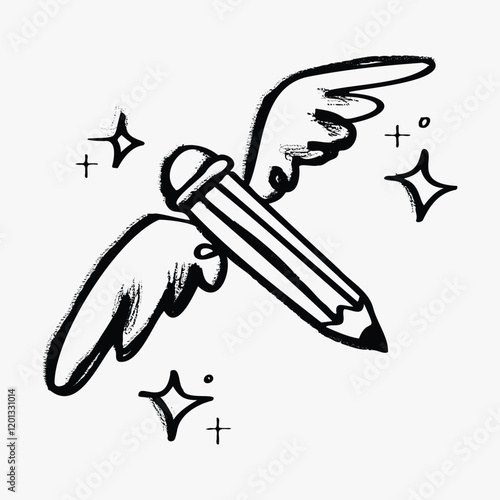 Pencil with wings doodle, illustration vector