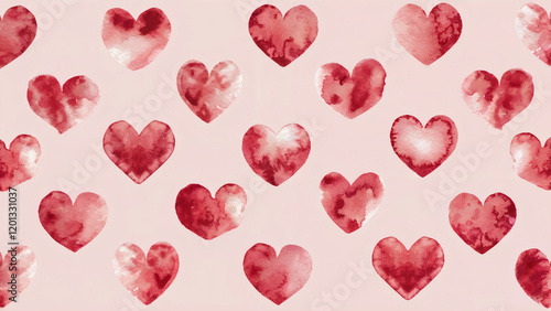 Valentine's Day, A collection of watercolor-style hearts scattered across a light pink background. The hearts vary in size and shade of red, with some appearing more defined and others more abstract