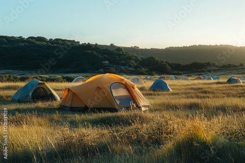 Campers enjoying nature in tents during a sunny morning on a grassy field