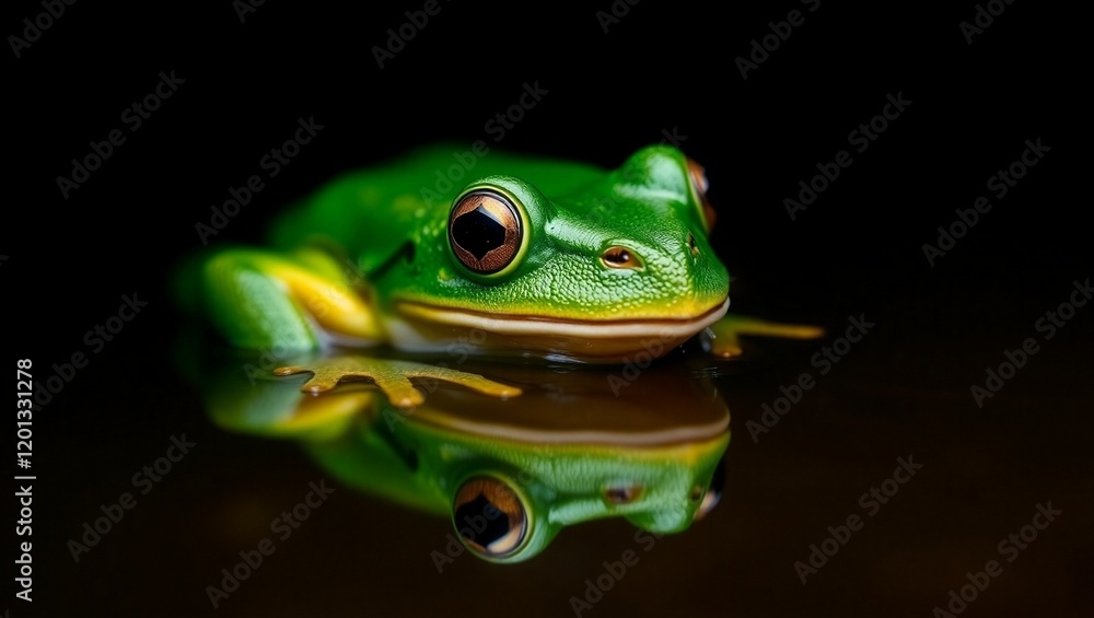 Vibrant green tree frog, close-up portrait, reflective surface, dark background, high contrast, glossy skin, bulging eyes, hyper-realistic, studio lighting, macro photography, nature wildlife, amphibi Vibrant green tree frog, close-up portrait, reflective surface, dark background, high contrast, glossy skin, bulging eyes, hyper-realistic, studio lighting, macro photography, nature wildlife, amphibi