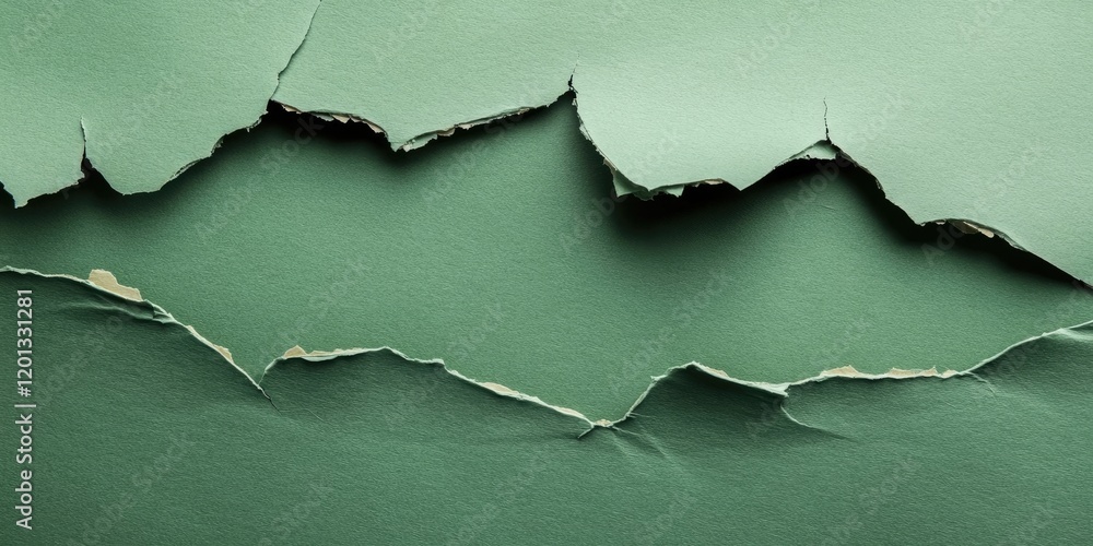 Fototapeta premium Torn green paper with jagged edges in varying shades of green, positioned horizontally, creating a textured, abstract background.