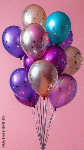 Colorful balloons with confetti on pink background for celebration or party d...
