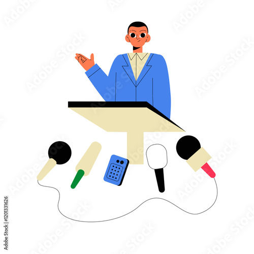 Male Speaker Giving Public Speech At Podium In Flat Vector Illustration Symbolizing Leadership And Communication, Isolated On White Background