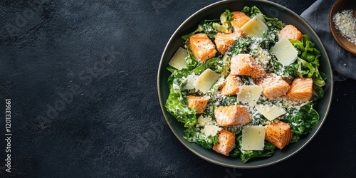 Wallpaper Mural Fresh Caesar salad with salmon and Parmesan on dark textured background vibrant greens and orange fish pieces ample free space for text Torontodigital.ca
