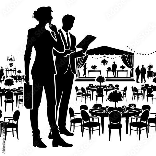 Event planner organizing a venue with stylish silhouettes in a sophisticated setting