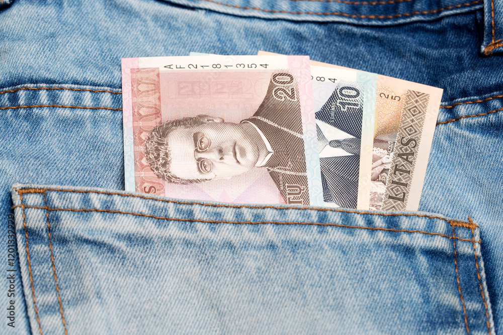 Lithuanian litas in the pocket of blue jeans Lithuanian litas in the pocket of blue jeans