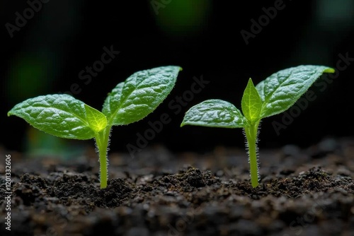 Young plants growing in rich soil under bright sunlight in a lush garden