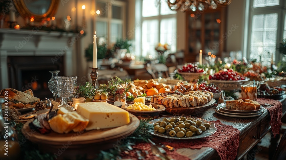 A festive dining experience with delicious food and a comfortable ambiance, illuminated by candles and festive decorations A festive dining experience with delicious food and a comfortable ambiance, illuminated by candles and festive decorations