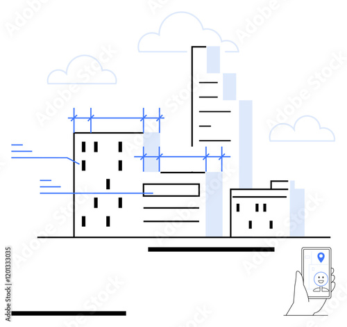 Urban buildings under construction with scaffolding, smartphone displaying GPS location, minimal clouds in background. Ideal for architecture, urban planning, technology, construction, engineering