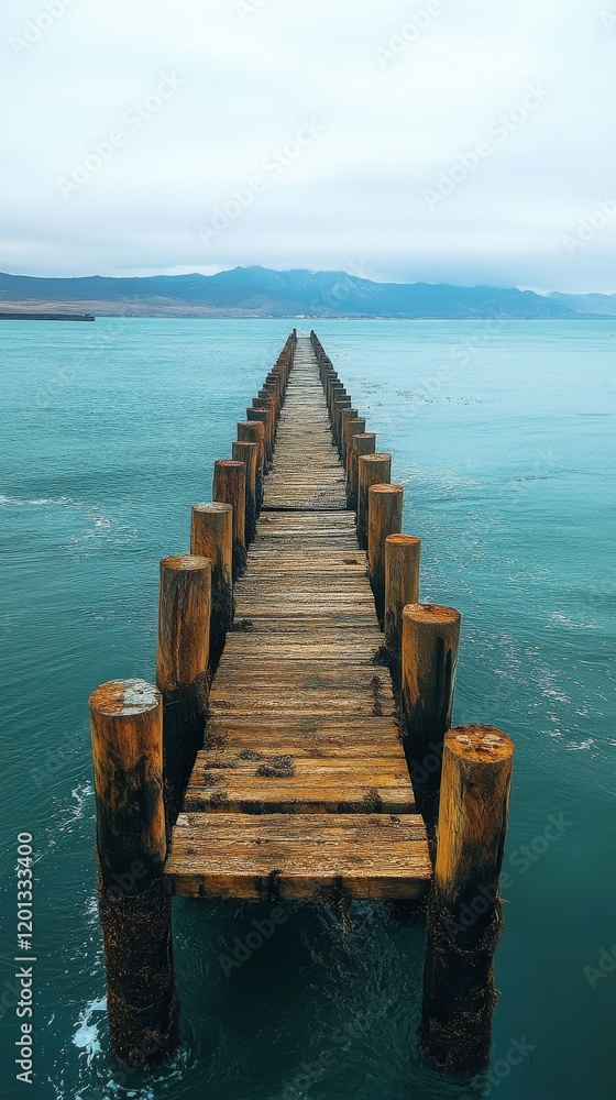 Fototapeta premium Scenic wooden pier extending into tranquil ocean under clear blue sky