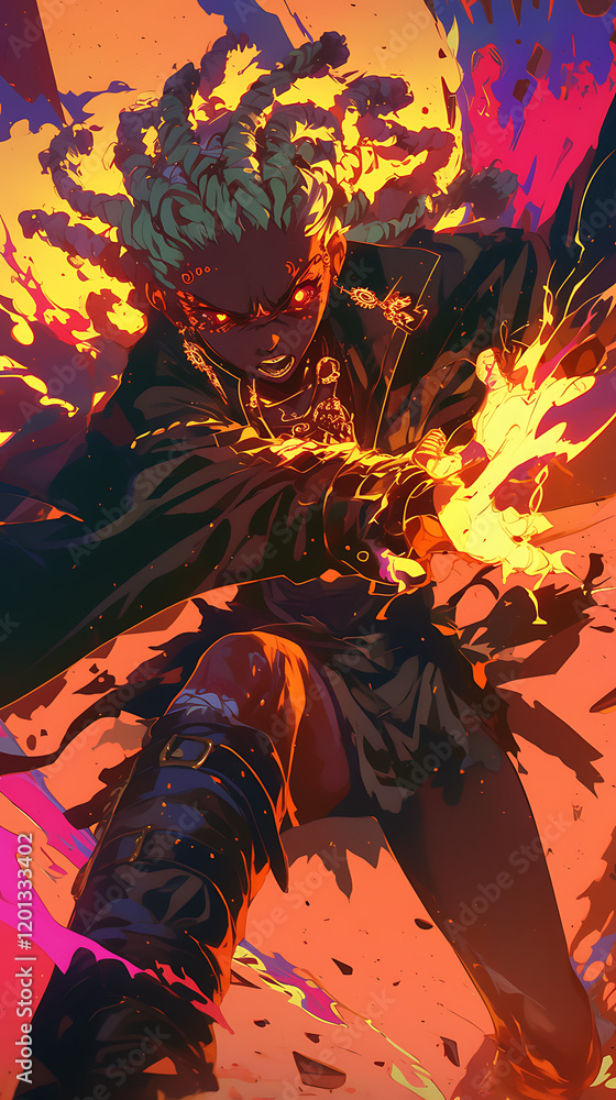 Fierce black anime characters holding weapons, surrounded by bright, fiery flames and chaos featuring Fierce black anime characters holding weapons, surrounded by bright, fiery flames and chaos featuring