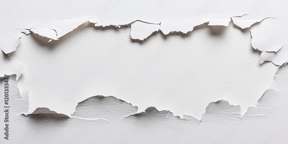 Torn white paper texture with jagged edges creating a blank space for text positioned centrally on a light background for design use Torn white paper texture with jagged edges creating a blank space for text positioned centrally on a light background for design use