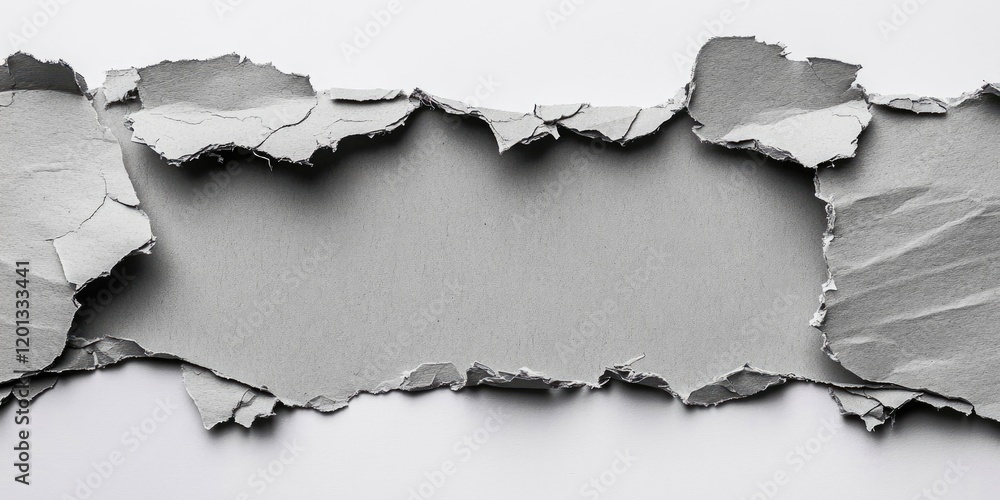 Torn grey cardboard texture with jagged edges on a white background creating a central blank space for text or design applications Torn grey cardboard texture with jagged edges on a white background creating a central blank space for text or design applications