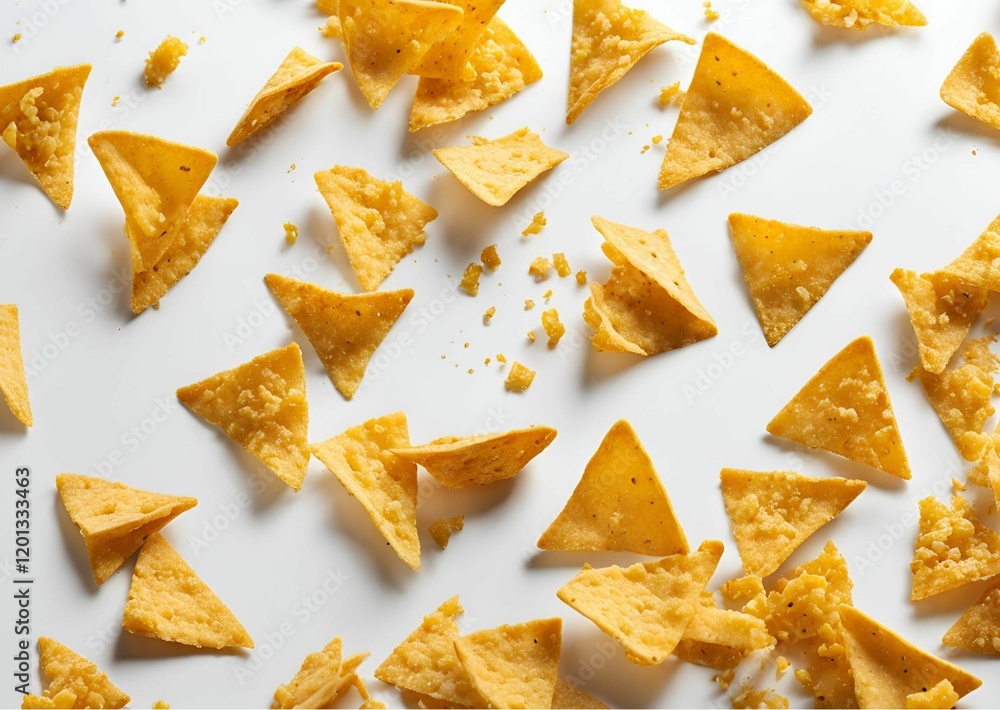 Scattered Tortilla Chips Crunchy Snack Food White Background Top View Mexican Food Triangular Shape Scattered Tortilla Chips Crunchy Snack Food White Background Top View Mexican Food Triangular Shape
