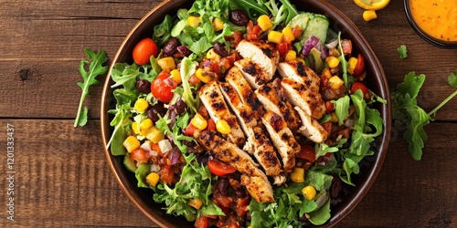 Colorful Southwest Chicken Salad in a deep brown bowl atop a rustic wooden table, featuring greens, grilled chicken slices, tomatoes, and corn.