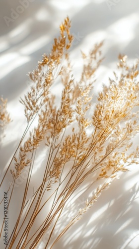 Dried floral arrangement featuring various textures and colors against a neut...