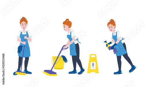 Different poses of cleaning lady. Female character in linear flat style.