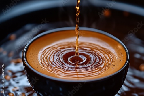 Pouring coffee into a black bowl creates ripples on the surface