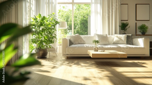 Sunny living room, plants, sofa, window, hardwood floor, interior design, home decor, sunlight, relaxation, advertisement