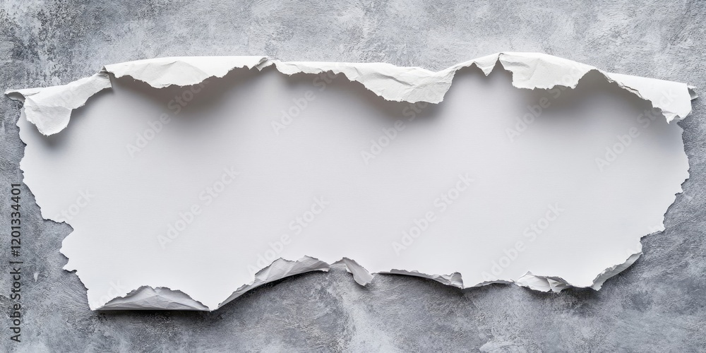 Fototapeta premium Torn white paper sheet centered on a gray textured background with jagged edges creating a space for text or copy above the middle section