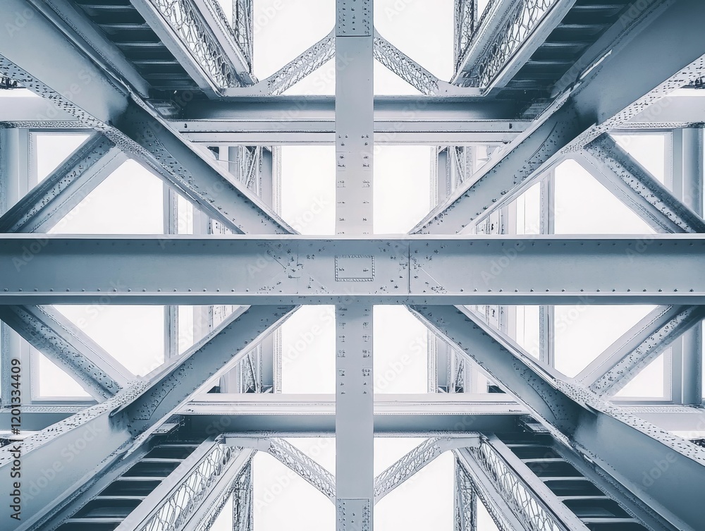 Obraz premium Metal beams form symmetrical, geometric, complex bridge structure.