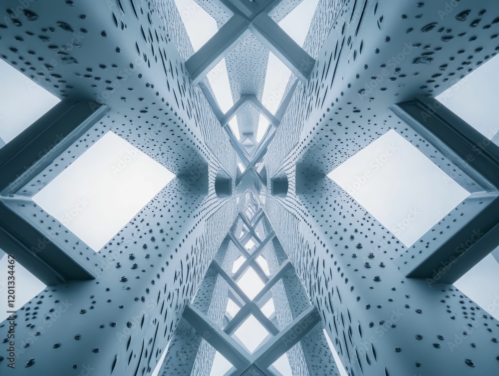 Fototapeta premium Symmetrical metal beams with holes reach toward sky.