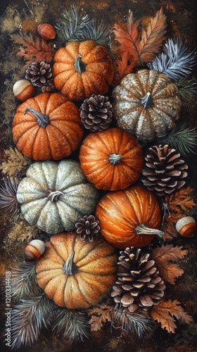 Vibrant autumn decorations featuring pumpkins, pinecones, and colorful leaves