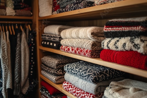 Cozy collection of neatly folded sweaters in warm colors arranged on a wooden...
