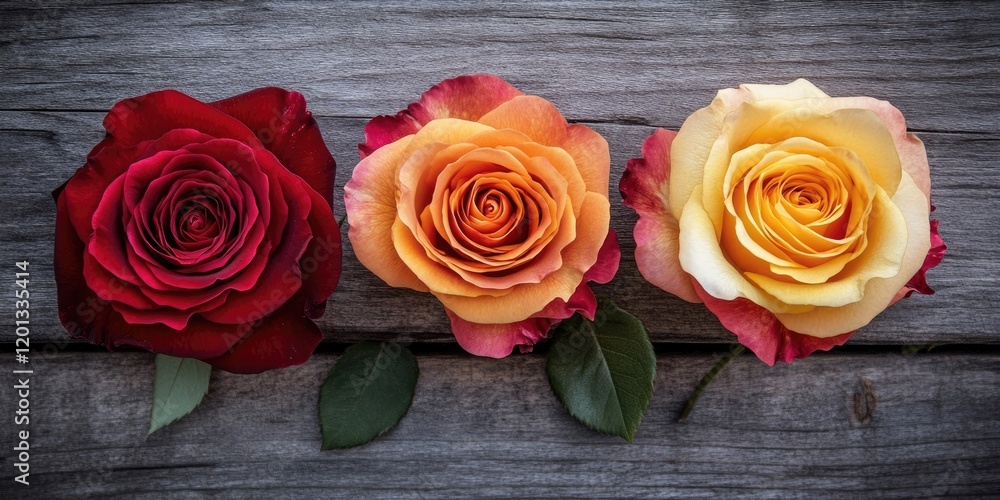 Top view of three roses in shades of scarlet, orange, and yellow on a rustic wooden surface with vignetting effect and space for text. Top view of three roses in shades of scarlet, orange, and yellow on a rustic wooden surface with vignetting effect and space for text.