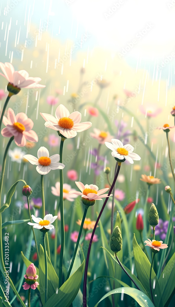 Fototapeta premium Beautiful spring nature background nature with blooming plants in sunny rainy day. Macro shot, hand-drawn digital illustration, with white tones