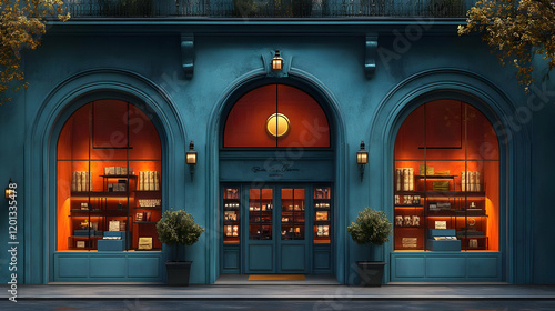3D Illustration of a Blue Building with Arched Windows and a Door